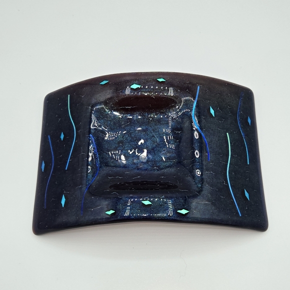 Dichroic‎ Art Glass Candle Holder Fused Floral Colbalt Trinket Tray - Picture 1 of 6